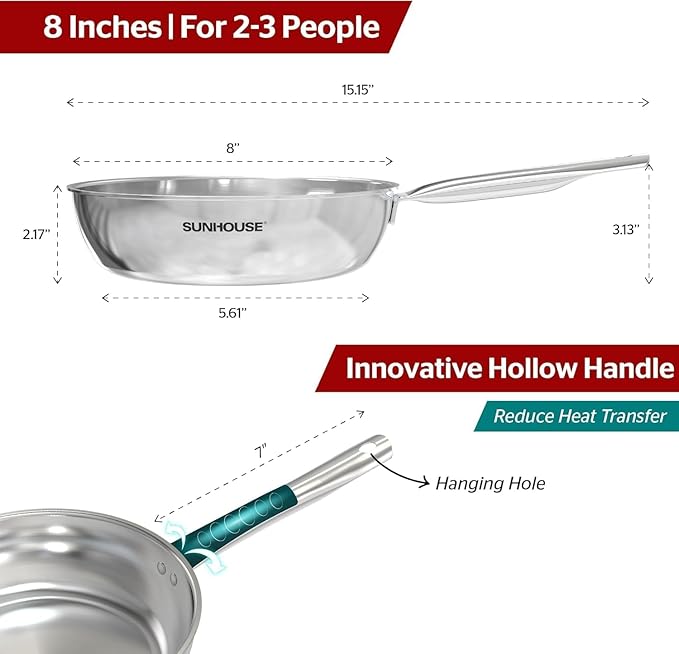 Sunhouse 9.5 Inch Tri-Ply Stainless Steel Frying Pan, Whole-Clad No Coatings Skillet with Stay-cool Handle for Cooking, Durable & Oven Safe to 500°F, Dishwasher Safe, Compatible with All Cooktops