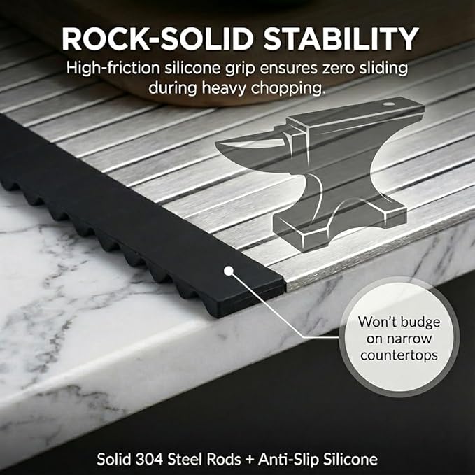 304 Stainless Steel Rollable Cutting Board – Space-Saving Over-the-Sink Workstation for RVs and Small Kitchens – Rust-Proof Heat Resistant Dishwasher Safe Non-Slip Multi-Use Prep Mat (20.6" L x 13" W)