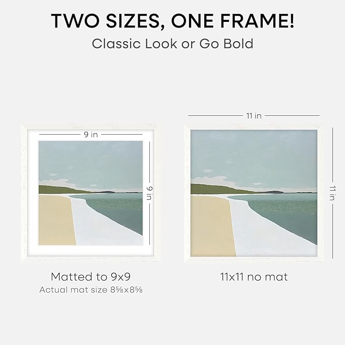 Homeforia 11x11 Picture Frame White, High-End Oak 11 x 11 Square Wooden Frames with Mat 9 by 9 inch Photo, 11by11 Wood Frame Matted to 9x9 Print, Wall Hanging Frame, Tempered Glass, Wall Kit, Set of 2