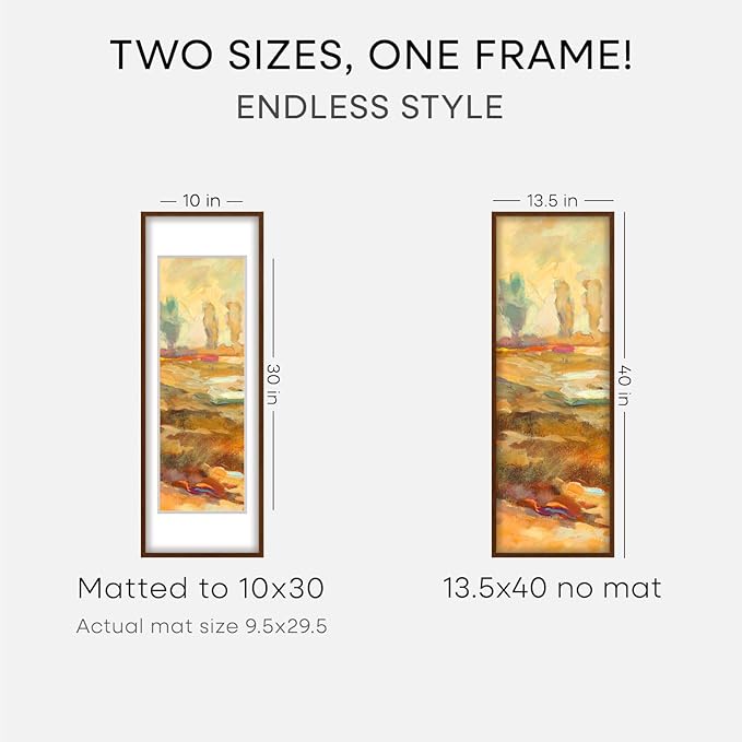 Homeforia 13.5x40 Picture Frame Brown, High End Dark Oak 13.5by40 Walnut Wood Poster Frame with Mat 10x30, 13.5 x 40 Panoramic Wooden Frames Matted to 10 x 30 Print, Tempered Glass, Wall Kit, Set of 1