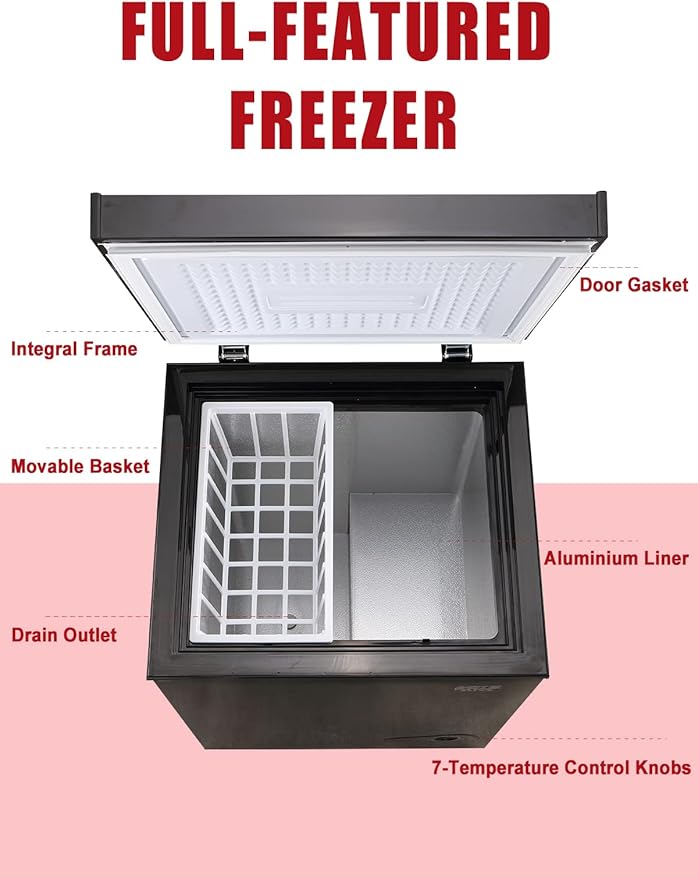 3.5 Cu.Ft Chest Freezer 7 Gears Temperature Control(-4°F to 6.8°F), Deep Compact Freezer with a Removable Basket, for Kitchen, Garage, Basement, Black