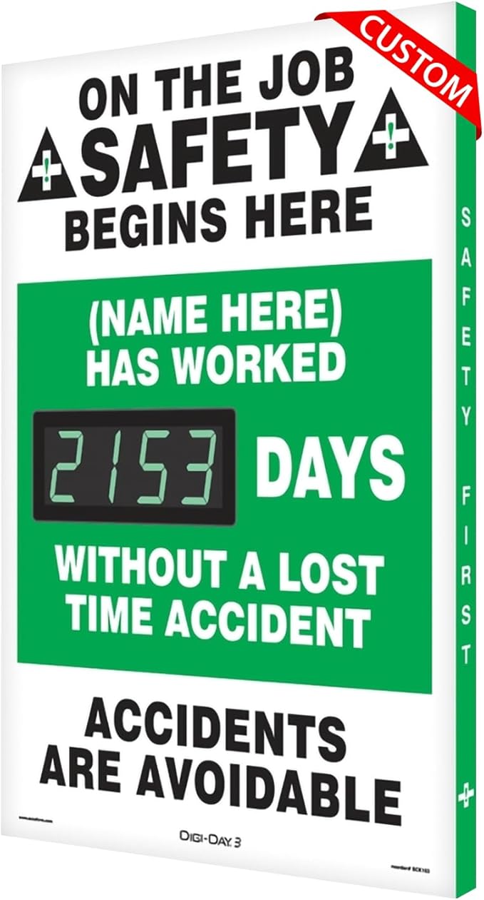 SmartSign "On The Job Safety - Add Your Name Here, Has Worked_ Days Without Accident" Custom Electronic Safety Scoreboard | 20" x 28", Made in USA