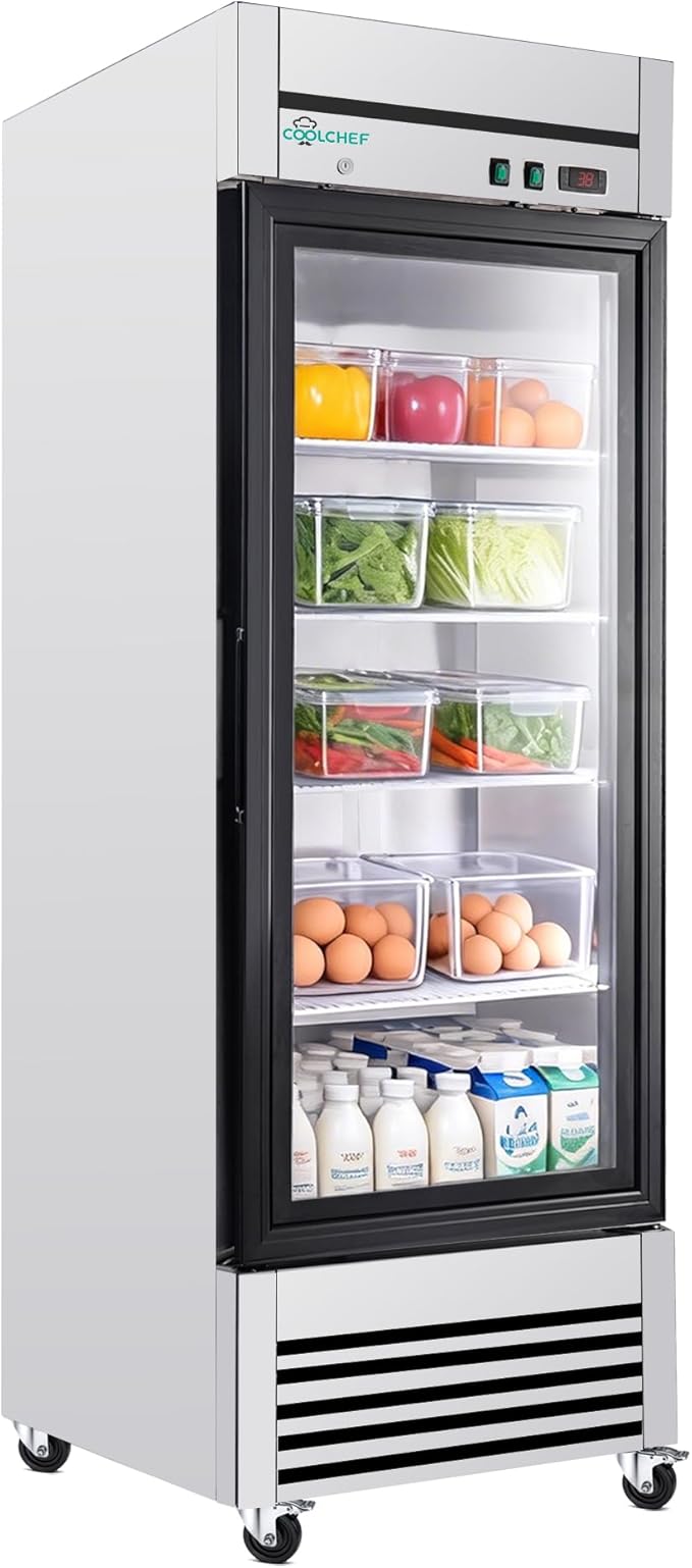 COOLCHEF 27" Commercial Glass Door Refrigerator, 23 Cu.Ft Single Door Reach-In Cooler, 33-40℉, Low-E Tempered Double Glass, 4 Shelves, R290