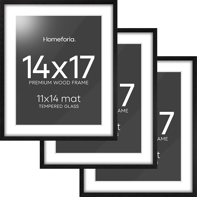 Homeforia 14x17 Picture Frame Black Wood, High End Oak 14x17 Frames with Mat 11x14 Photo, 14 x 17 Wooden Poster Frame Matted to 11 by 14 Print, 17x14 Hanging Frames, Tempered Glass, Wall Kit, Set of 3
