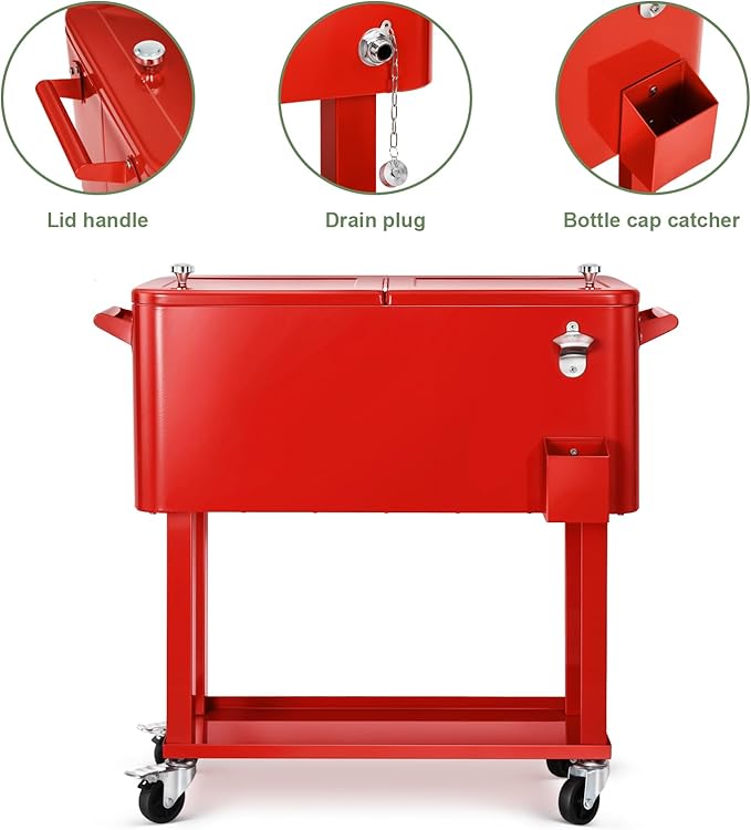 EDOSTORY 80 Quart Rolling Ice Chest Cooler Cart,Patio Backyard Party Drink Beverage Bar Stand Up Cooler Trolley with Ice Scoop