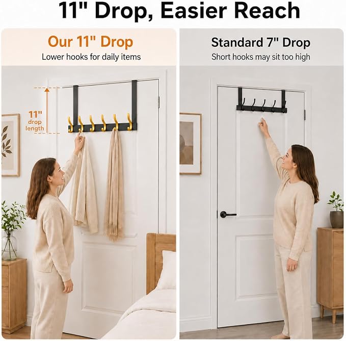 Peasulin Over The Door Hooks, 2 Pack Black 11" Long Door Hanger Racks | - Image 2
