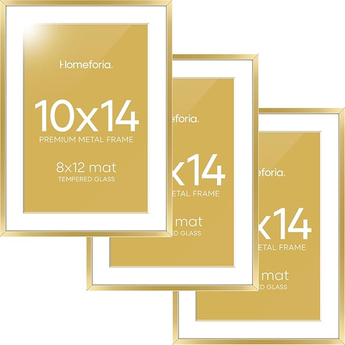 Homeforia 10x14 Picture Frame Gold, High End Metal 10x14 Poster Frames with Mat for 8x12, 10 x 14 Gold Frame Matted to 8 x 12 inch Photo, 10by14 Thin Hanging Frames, Tempered Glass, Wall Kit, Set of 3