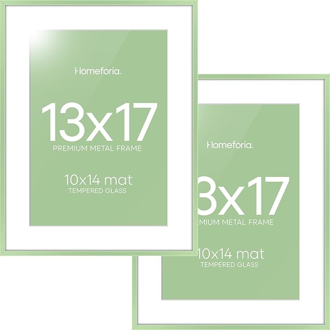 Homeforia 13x17 Picture Frame Sage Green, High End Metal 13x17 Poster Frames with Mat 10x14 Photo, 13 x 17 Sage Green Frame Matted to 10 by 14 Art, 17x13 Thin Frame, Tempered Glass, Wall Kit, Set of 2