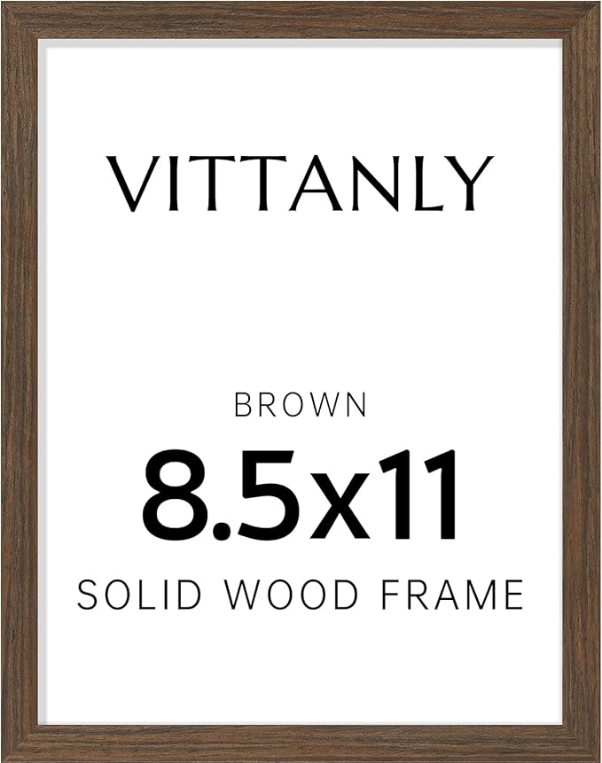 Vittanly 8.5x11 Picture Frame, Solid Wood Frame with Plexiglass, Includes 6x8 Mat, Wall Hanging or Tabletop for Photos, Home Decor, Brown, 1 Pack