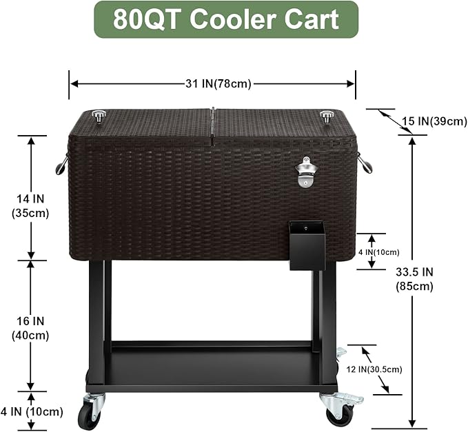 EDOSTORY 80 Quart Rolling Ice Chest Cooler Cart,Patio Backyard Party Drink Beverage Bar Stand Up Cooler Trolley with Ice Scoop
