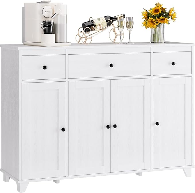 HIFIT Buffet Cabinet White Sideboard Storage Cabinet with 3 Drawers & 4 Doors Adjustable Shelves, 47” Modern Coffee Bar Cabinet, Wood Accent Cabinet for Kitchen Cupboard Dining Living Room