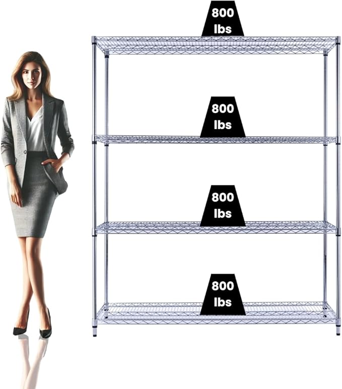 NSF Commercial 4-Tier Wire Shelving with Wheels, 60"x18"x72" Heavy Duty Metal Shelves 3200 lbs Max Capacity, Chrome Storage Rack for Garage Kitchen Pantry Warehouse