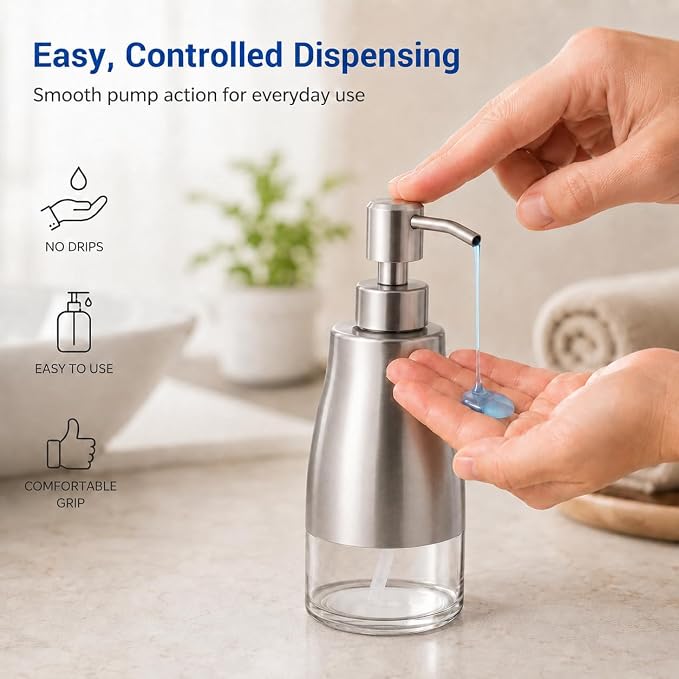 Non-Slip Soap Dispenser with Brushed Nickel Stainless Steel Case, Glass Liner - Image 5