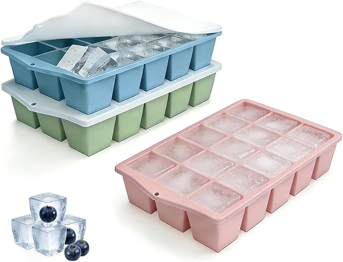 Silicone Ice Cube Tray, 3 Pack Easy-Release Stackable Ice Trays for Freezer with Lid 15 Reusable Cubes, Food Grade BPA Free Ice Molds for Whiskey, Baby Food, Coffee, Cocktail (Blue+Green+Pink)
