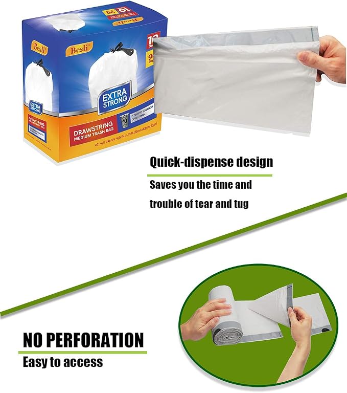 Besli 10 Gallon Drawstring Trash Bag Garbage Bag Trash Can Liner, 0.9 Mil - Image 3