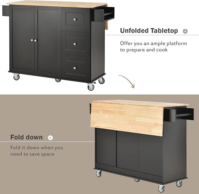 Favfurish 52.7" Rolling Mobile Kitchen Island Cart with Drop Leaf Wood Top, Adjustable Shelves Coffee Bar Trolley on Lockable Casters & Storage Cabinet & 3 Drawers for Dining Room, Black