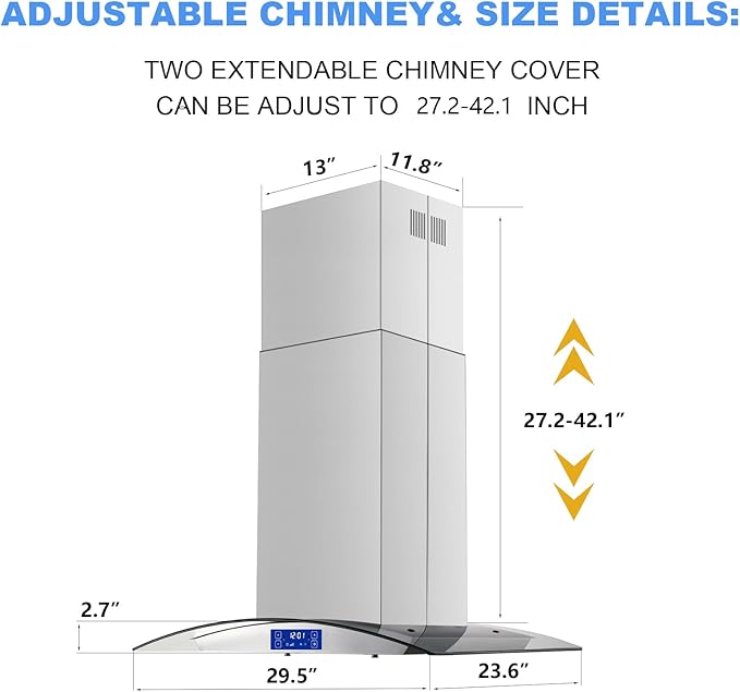Island Range Hood 30 Inch 700 CFM Gesture & Touch Control Ceiling Mount Stainless Steel Kitchen Vent Hood, Kitchen Exhaust Hood, Ducted/Ductless Convertible 3-speed Ventilation Fan Switchable