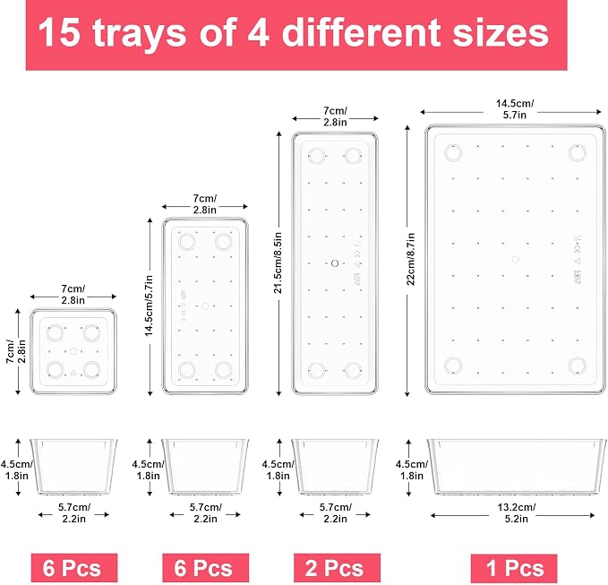 15 Pcs Clear Plastic Drawer Organizer, Makeup & Vanity Organizer | 4-Size - Image 2