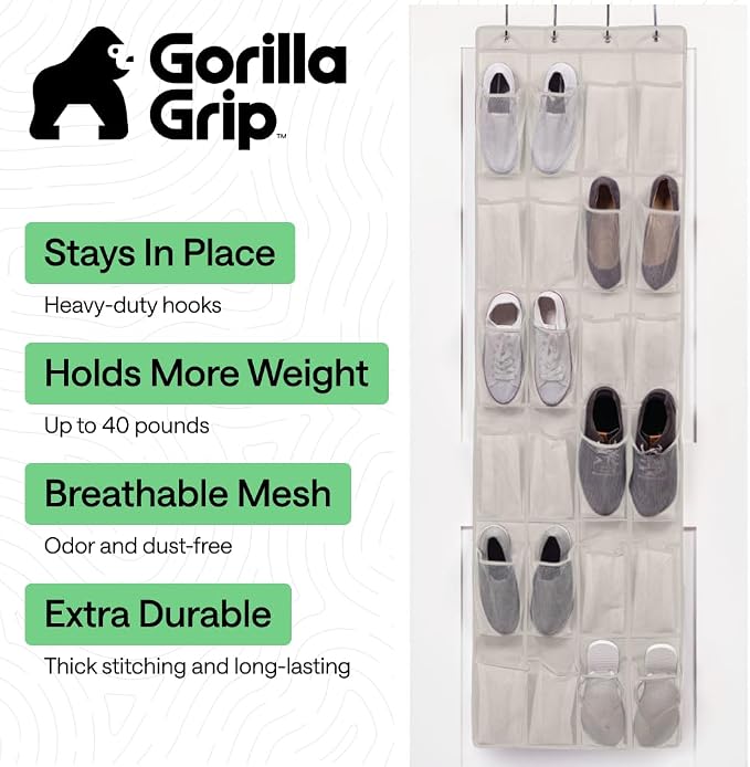 GORILLA GRIP Over the Door Shoe Organizer, 24 Large Pockets, Linen | Breathable - Image 2