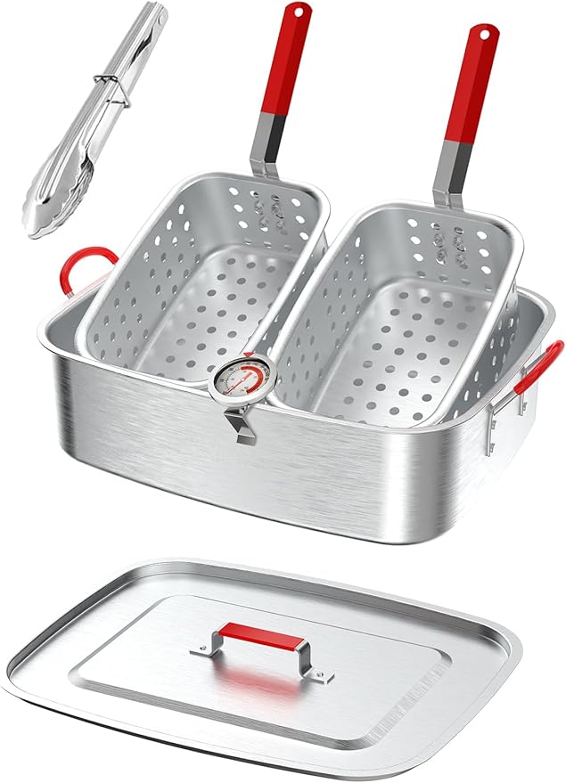 18QT Aluminum Deep Fryer Pot with 2 Baskets | Lid | 9" Fryer Tong | 6" Thermometer | Outdoor Fish Fryer Pot | Ideal for Frying Fish | French Fries | Chicken Wings