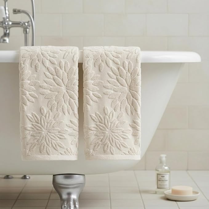 Artoid Mode 2 Pcs Beige 3D Dahlia Floral Jacquard Hand Towels - Image 4
