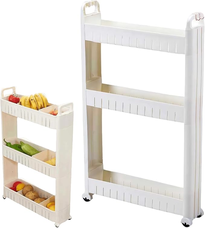 Utility Cart on Wheels 3 Tier Slim Storage Cart with Hooks & Partitions Plastic Narrow Shelf with Handles for Kitchen Bathroom Office Laundry, 29x18x4 Inch Slim Storage