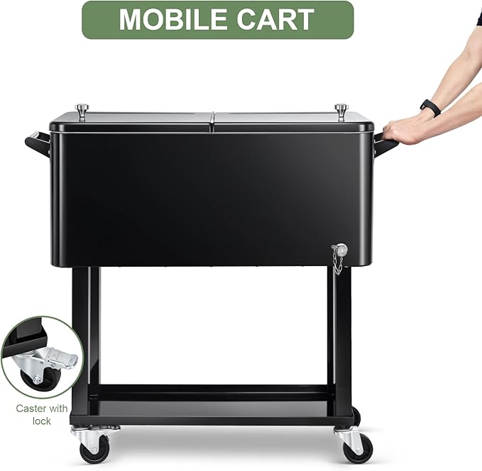EDOSTORY 80 Quart Rolling Ice Chest Cooler Cart,Patio Backyard Party Drink Beverage Bar Stand Up Cooler Trolley with Ice Scoop