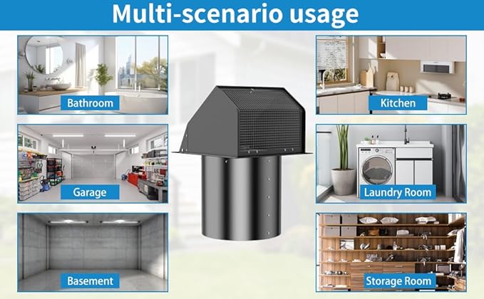 8 Inch Hooded Wall Vent with Screen and Damper,Wall Exhaust Vent Cover Cap,Dryer Vent Cover Outside,External Extractor Wall Vent Hood for House Kitchen Range Hood Air Ventilation Black