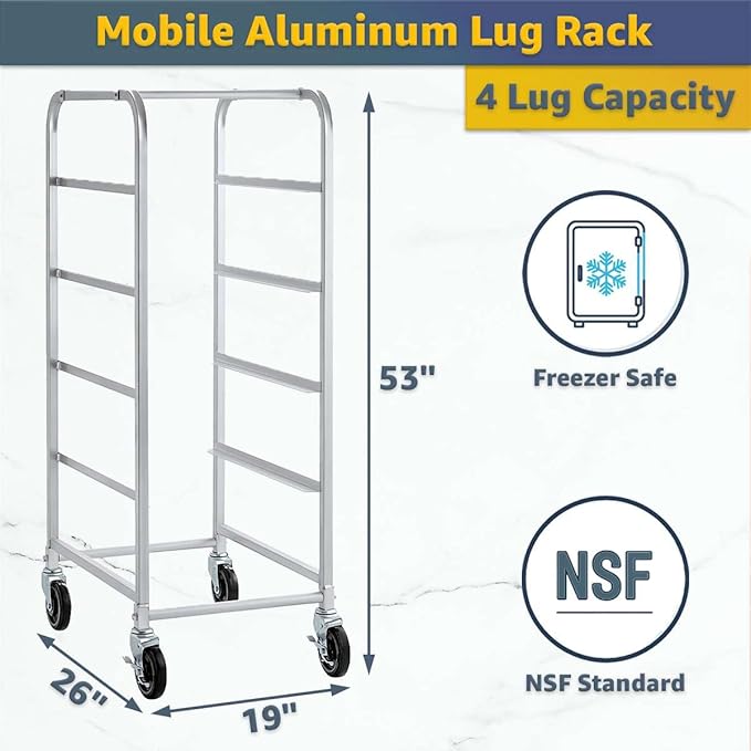 19"x26"x53" Mobile Aluminum Lug Rack with 4 White Tote Boxes – NSF Heavy-Duty Commercial Storage Cart with 5" Swivel Casters, Portable Food Prep & Dishroom Utility Rack – Freezer Safe, 4 Lug Capacity