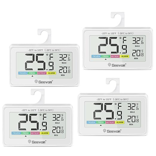 Geevon Digital Refrigerator Thermometer 4 Pack,IP65 Waterproof Fridge and Freeze Thermometer with Magnetic Back Large LCD,Max/Min Record Function for Home,Commercial