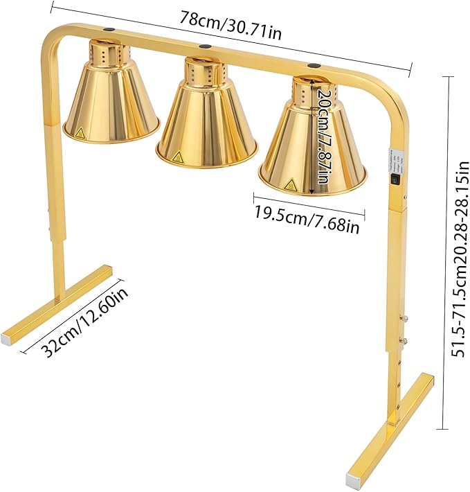 3-Head Food Heat Lamp Warmer Gold, 750W 3*Tungsten Bulb Buffet Display Heating Preservation Light for Buffet, 122℉ Insulation Electric Portable Heating Lamp Adjustable Height(Gold 3-Head)