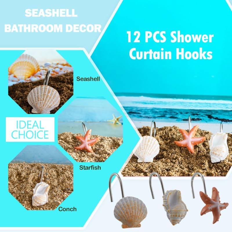 Seashell Shower Curtain Hooks 12pcs Beach Shower Curtain Rings Bath Shower - Image 2