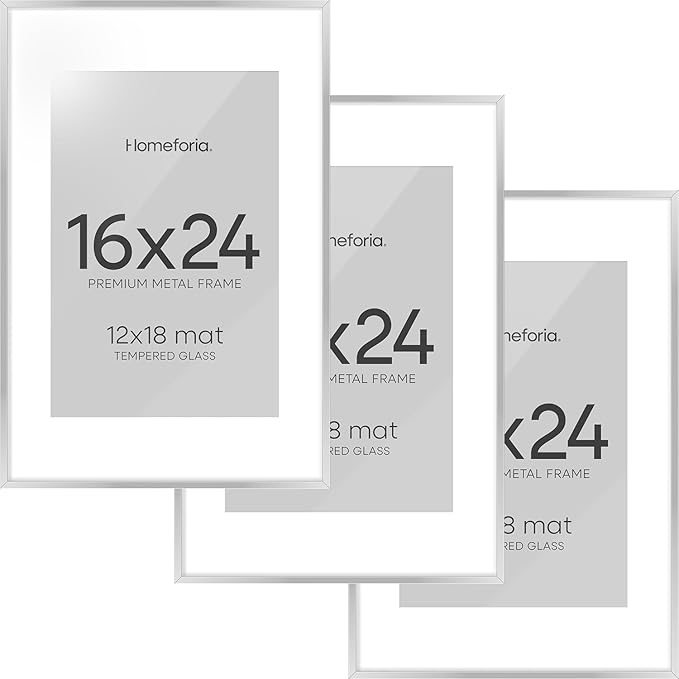 Homeforia 16x24 Silver Picture Frames, High End Metal 16x24 Poster Frame with Mat 12x18 in Photo, 16 x 24 Silver Frame Matted to 12 by 18 Print, 24x16 Hanging Frame, Tempered Glass, Wall Kit, Set of 3