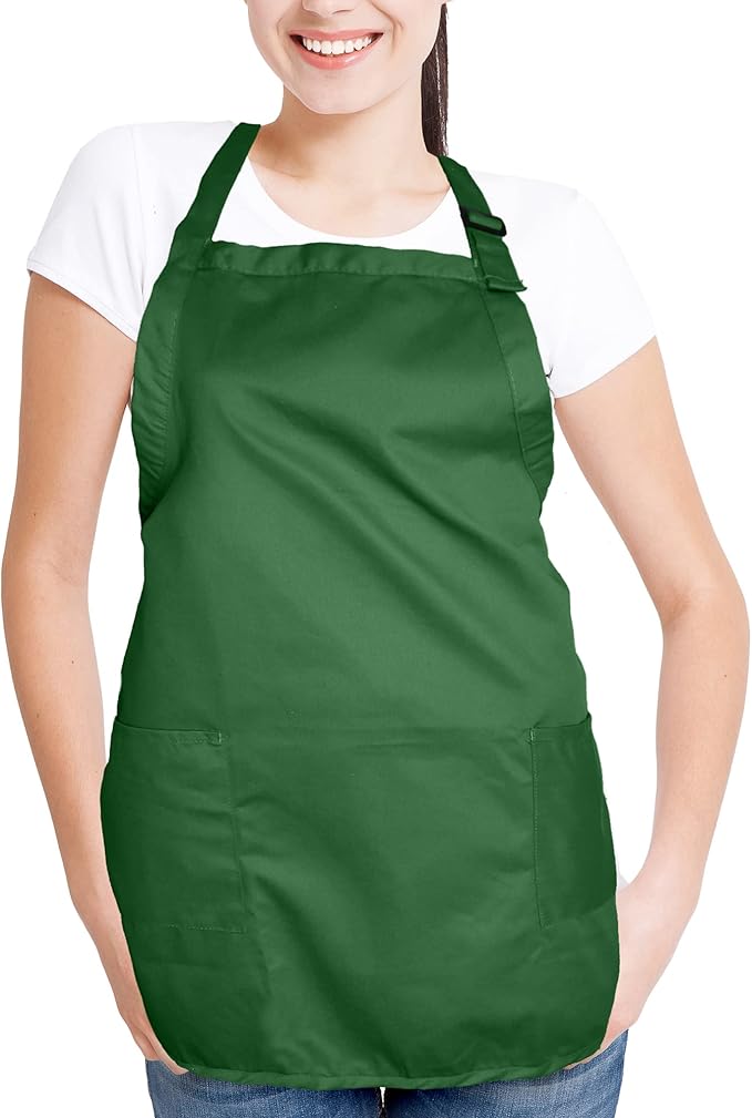 Apron Commercial Restaurant Home Bib Spun Poly Cotton Kitchen Aprons (2 Pockets) in Dark Green