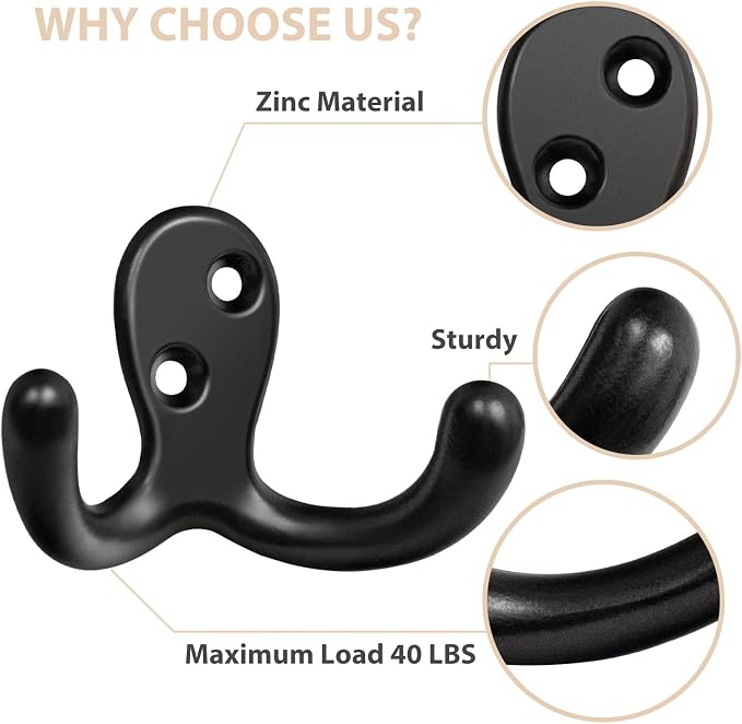 Homanu 100 Pack Coat Hooks, Heavy Duty Double Prong Coat Hooks Wall Mounted - Image 4