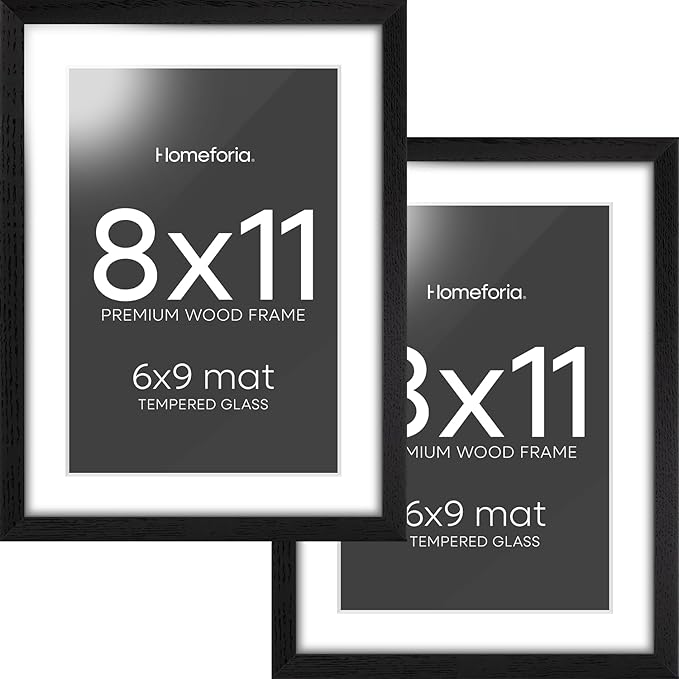 Homeforia 8x11 Black Picture Frame, High End Oak 8 x 11 Wood Frames with Mat 6 by 9 Print, 8by11 Wooden Frame Matted to 6x9 inch Photo, 11x8 Wall or Tabletop Frames, Tempered Glass, Wall Kit, Set of 2