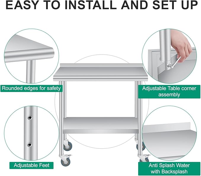 Stainless Steel Prep Table, 30 x 24 inches, with Backsplash, Adjustable Undershelf & 4 Wheels, Commercial Heavy Duty Table with Adjustable Under Shelf for Outdoor Use,Restaurants,Hotels,Works