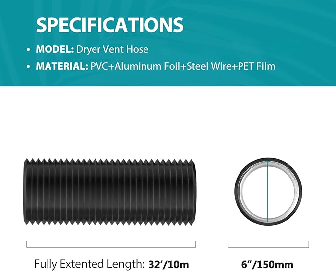 HG Power 6 Inch Flexible Vent Hose, 32 Feet Flexible Aluminum Air Ducting, Three Layer Protection Dryer Hose with 2 Clamps for HVAC Ventilation Heating Cooling Exhaust