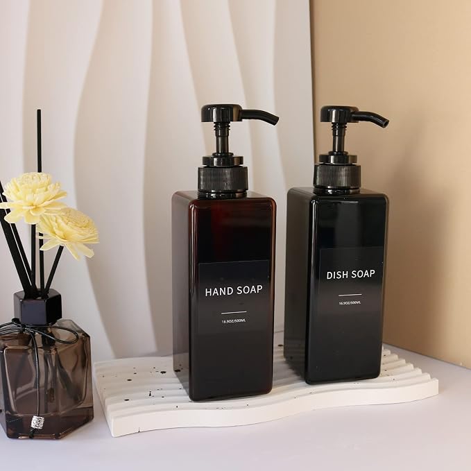 Amber Soap Dispenser with Waterproof Labels, Thickened Plastic Hand Soap - Image 4