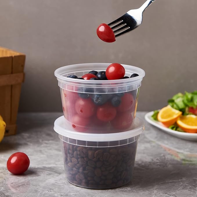 FULING [48pack 16oz Plastic Containers With Lids Deli Disposable Food Storage Takeout Containers Airtight BPA-Free Leakproof Round Bowls for Soup Salad Restaurant Supplies With Clear Lids