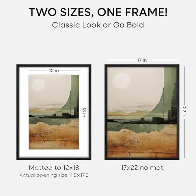 Homeforia 17x22 Picture Frame Black Wood, High End Oak 17x22 Poster Frames with Mat 12x18 Photo, 17 x 22 Wooden Frame Matted to 12 by 18 Print, 22x17 Hanging Frames, Tempered Glass, Wall Kit, Set of 2
