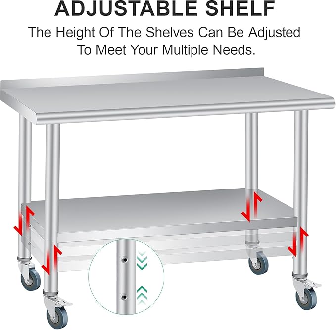 Stainless Steel Prep Table, 60 x 24 Inches, with Backsplash, Adjustable Undershelf and 4 Caster Wheels, Commercial Heavy Duty Table with Adjustable Under Shelf for Outdoor Use,Restaurants,Hotels,Works