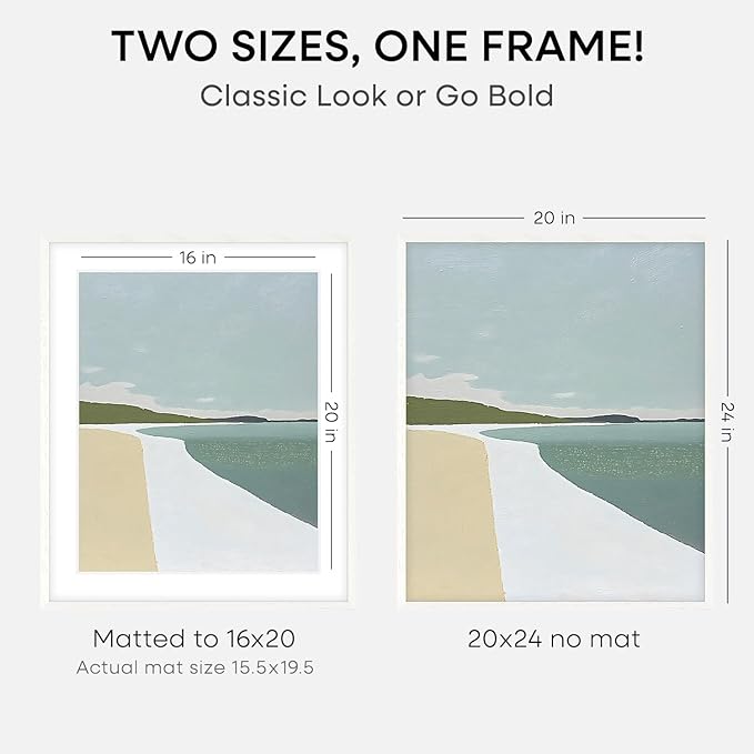 Homeforia 20x24 White Picture Frame, High End Oak 20x24 White Wood Frame with Mat 16x20 Photo, 20 x 24 Wooden Poster Frames Matted to 16 by 20, 24x20 Hanging Frames, Tempered Glass, Wall Kit, Set of 2