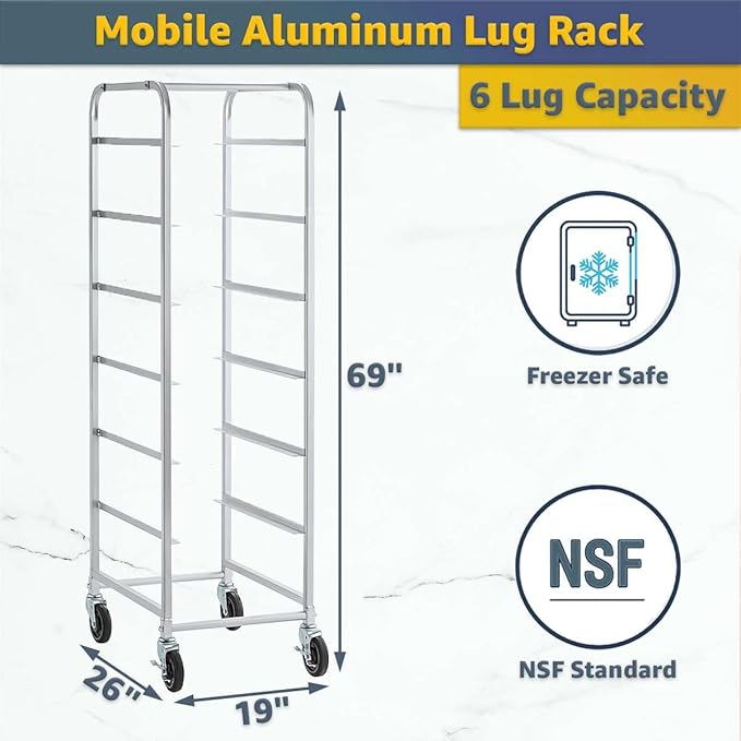 19"x26"x69" Mobile Aluminum Lug Rack with 6 White Meat Lugs/Tote Boxes - NSF Heavy-Duty Commercial Portable Storage Cart with 5" Casters, 400 lb., Food Prep and Dishroom Durable Utility Rack