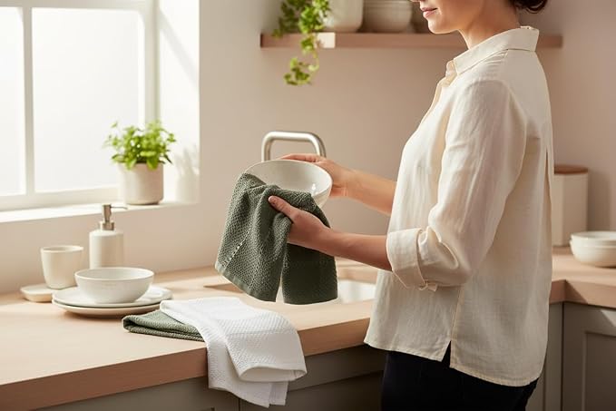 Sage White Dark Green Kitchen Dish Towels, 100% Cotton - Image 3