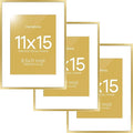 Homeforia 11x15 Picture Frame Gold, High End Metal 11x15 Poster Frames with Mat for 8.5x11, 11 x 15 Gold Frames Matted to 8.5 x 11 inch Photo, 11by15 Hanging Frames, Tempered Glass, Wall Kit, Set of 3