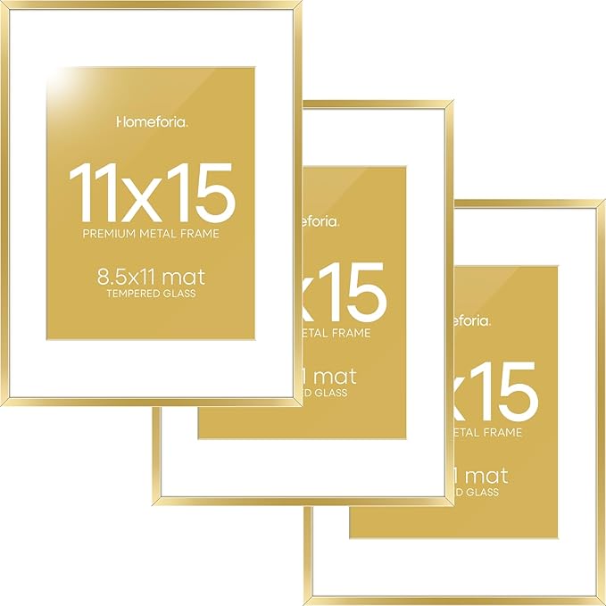 Homeforia 11x15 Picture Frame Gold, High End Metal 11x15 Poster Frames with Mat for 8.5x11, 11 x 15 Gold Frames Matted to 8.5 x 11 inch Photo, 11by15 Hanging Frames, Tempered Glass, Wall Kit, Set of 3