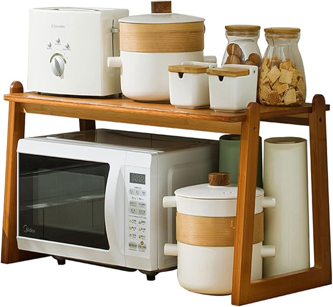 2 Tier Wooden Microwave Stand - Countertop Rack for Microwave Oven, Toaster, and Kitchen Appliances - Ideal for Condiments and Storage Solutions