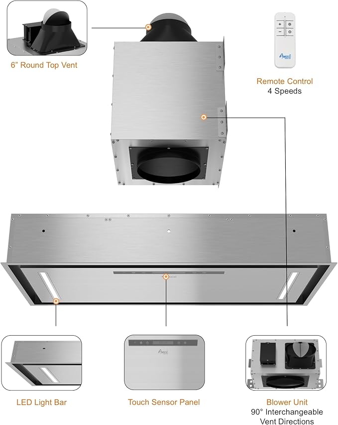 Awoco 36”W Flush Ceiling Mount Split Insert Range Hood, Stainless Steel 4 Speeds 800 CFM, 6” Round Vent LED Lights Remote Control (36"W 19"D 6" Vent)