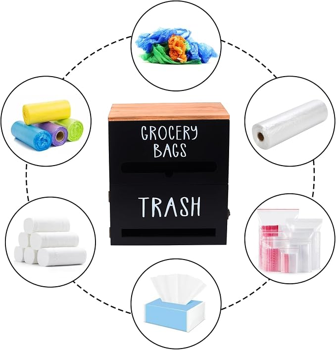 2 in 1 Trash Bag Holder with Grocery Bag Holder, Wooden Trash Bag Dispenser - Image 3